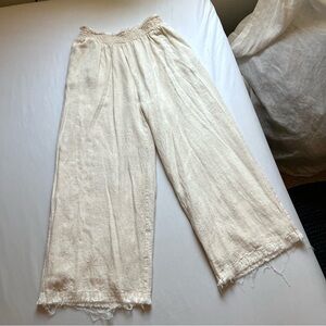 SOLAI cream ivory rayon linen blend fray hem high rise wide leg cropped pants